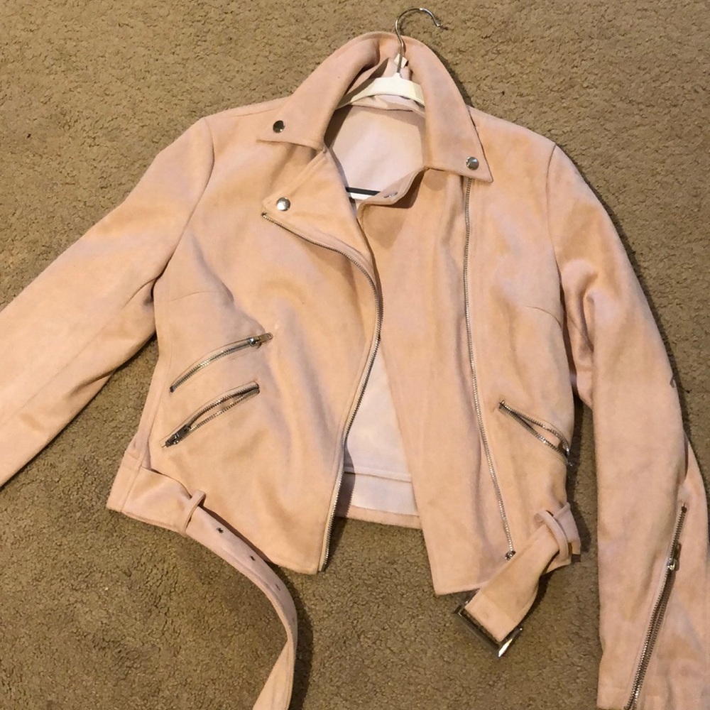 Pink suede jacket with buckle and zippers
